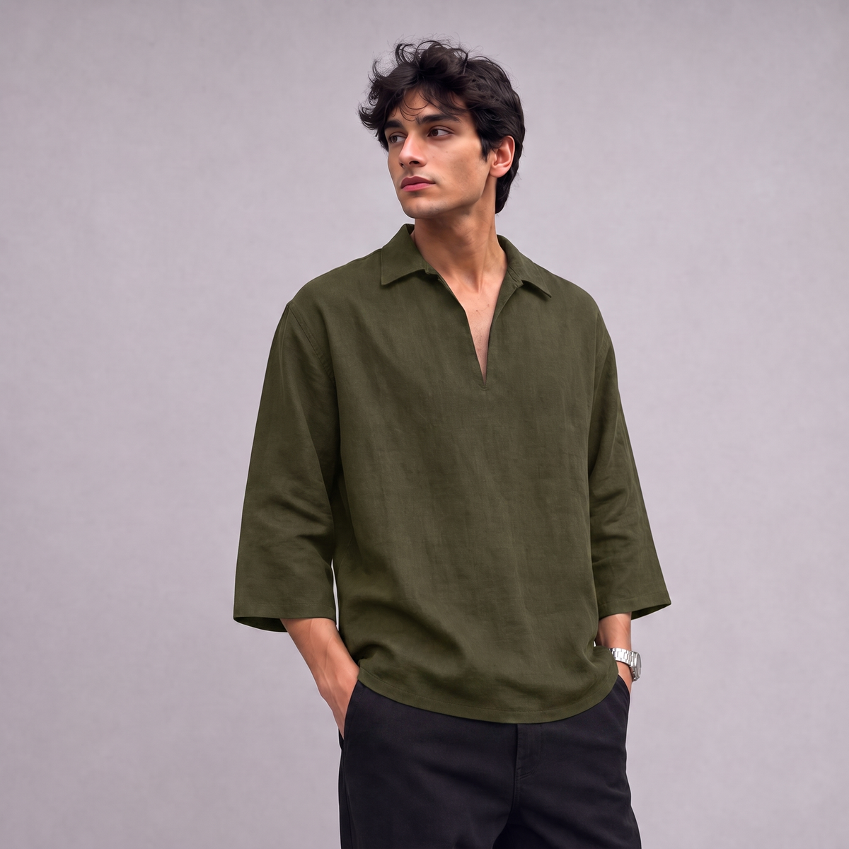 Linen Pullover Shirt in three quarter sleeve in Moss Green - OEKO-TEX certified pure linen