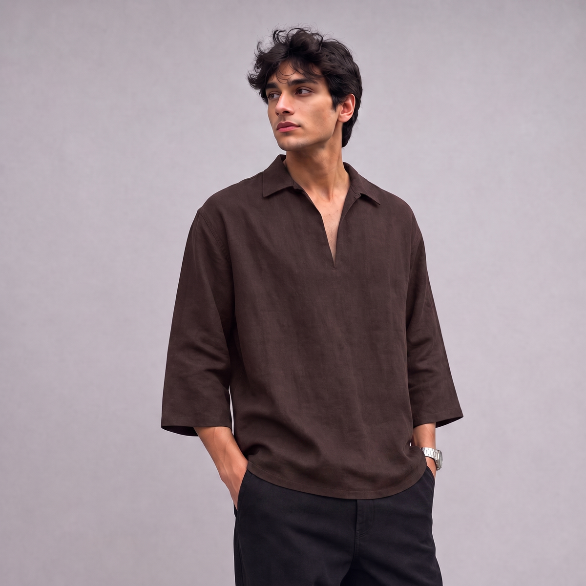 Linen Pullover Shirt in three quarter sleeve in Chocolate Brown - OEKO-TEX certified pure linen