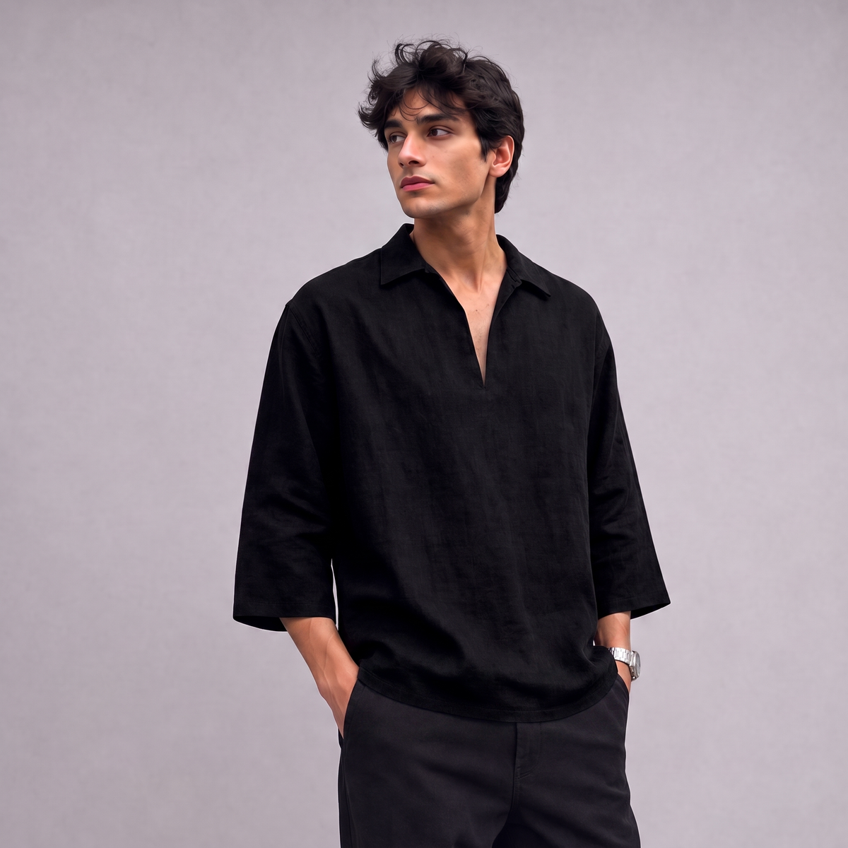 Linen Pullover Shirt in three quarter sleeve in Black - OEKO-TEX certified pure linen