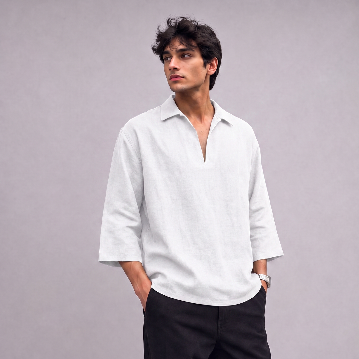 Linen Pullover Shirt in three quarter sleeve in White - OEKO-TEX certified pure linen