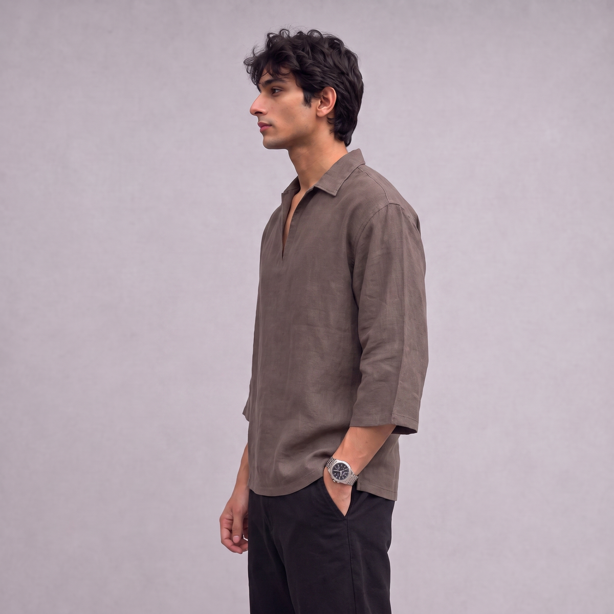 Linen Pullover Shirt in three quarter sleeve in Burntwood - OEKO-TEX certified pure linen, side view
