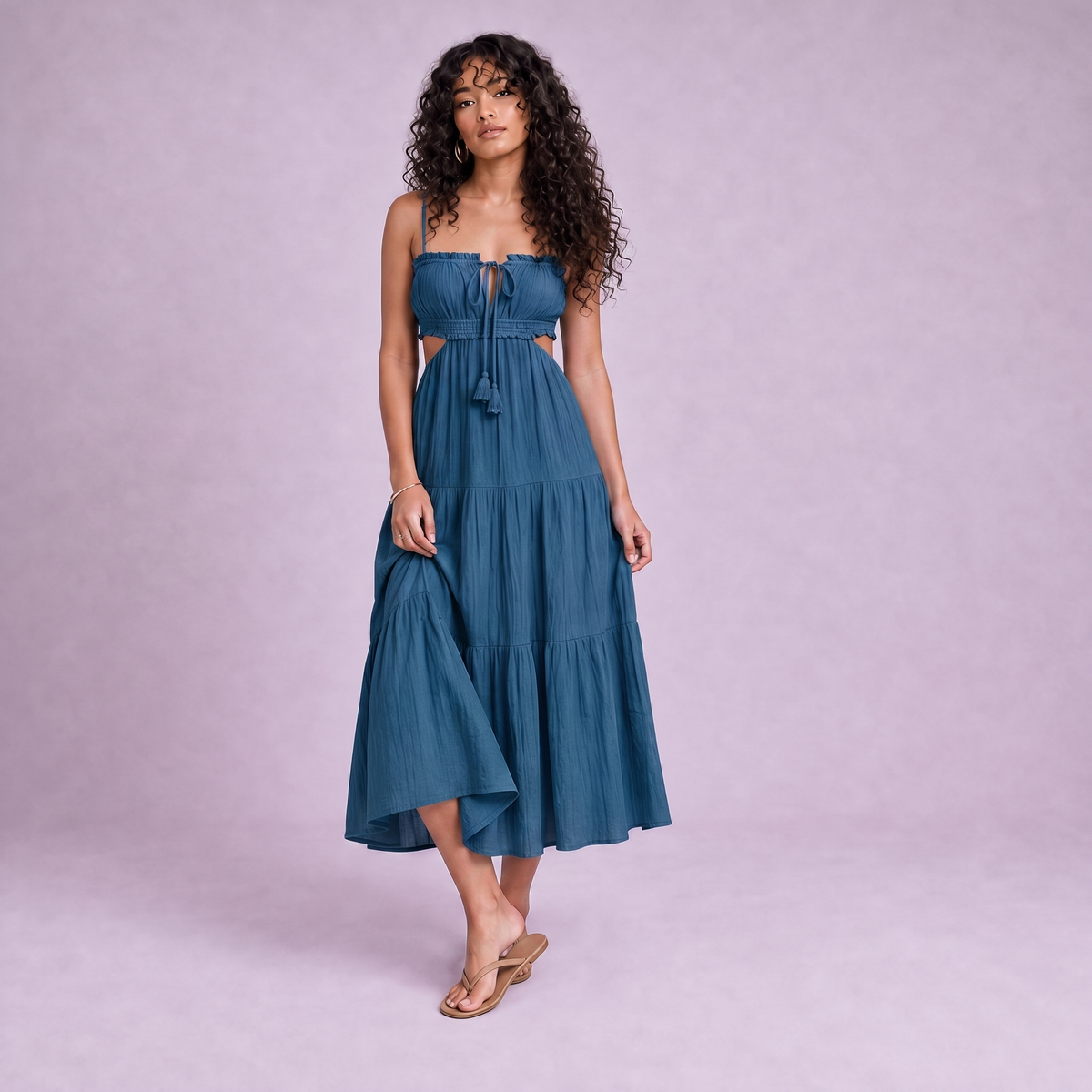 Linen Cut-Out Tiered Maxi Dress in Blue Teal - OEKO-TEX certified pure linen