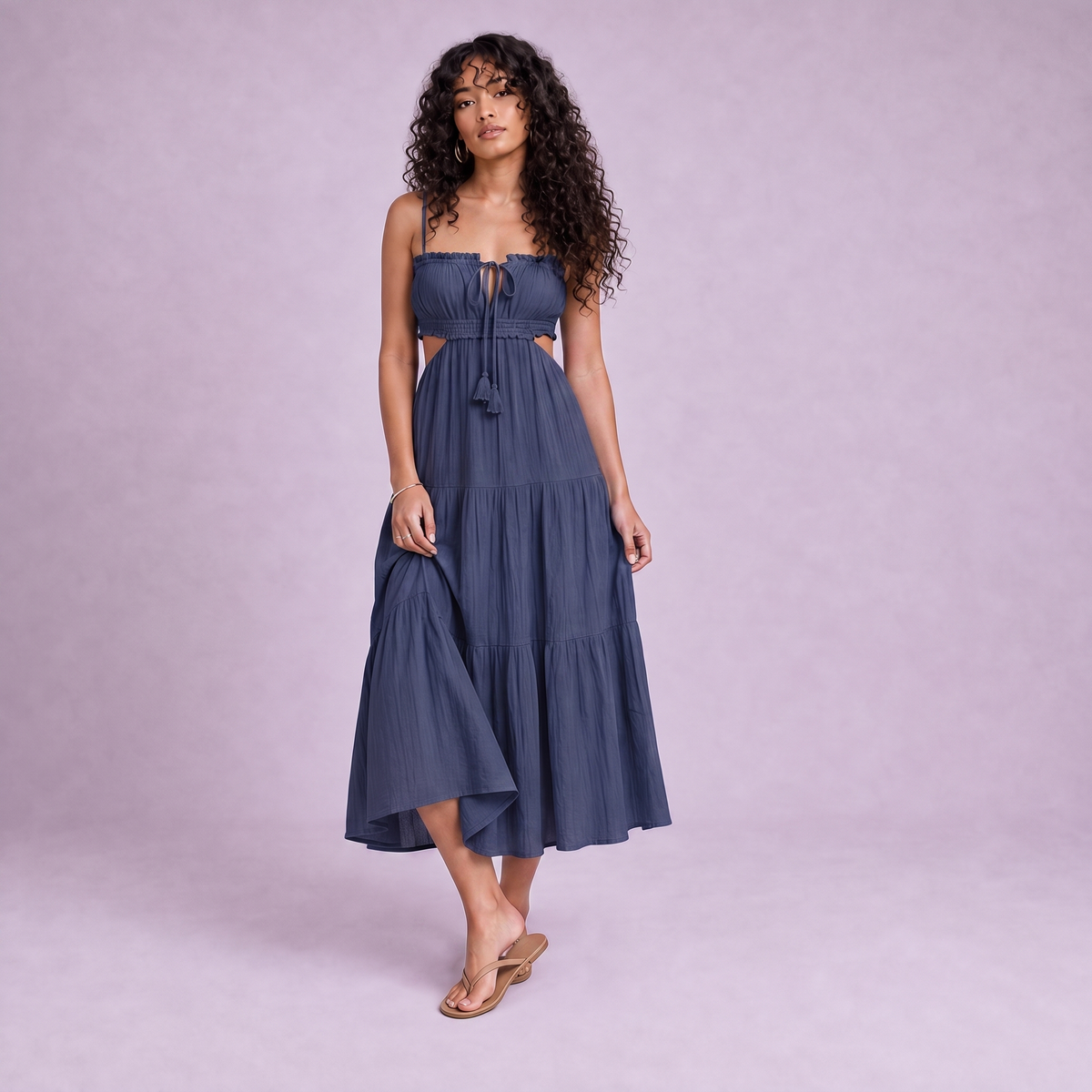Linen Cut-Out Tiered Maxi Dress in Navy Blue - OEKO-TEX certified pure linen