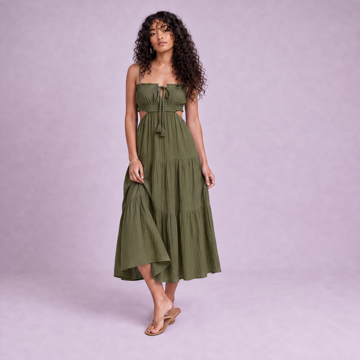 Linen Cut-Out Tiered Maxi Dress in Moss Green - OEKO-TEX certified pure linen