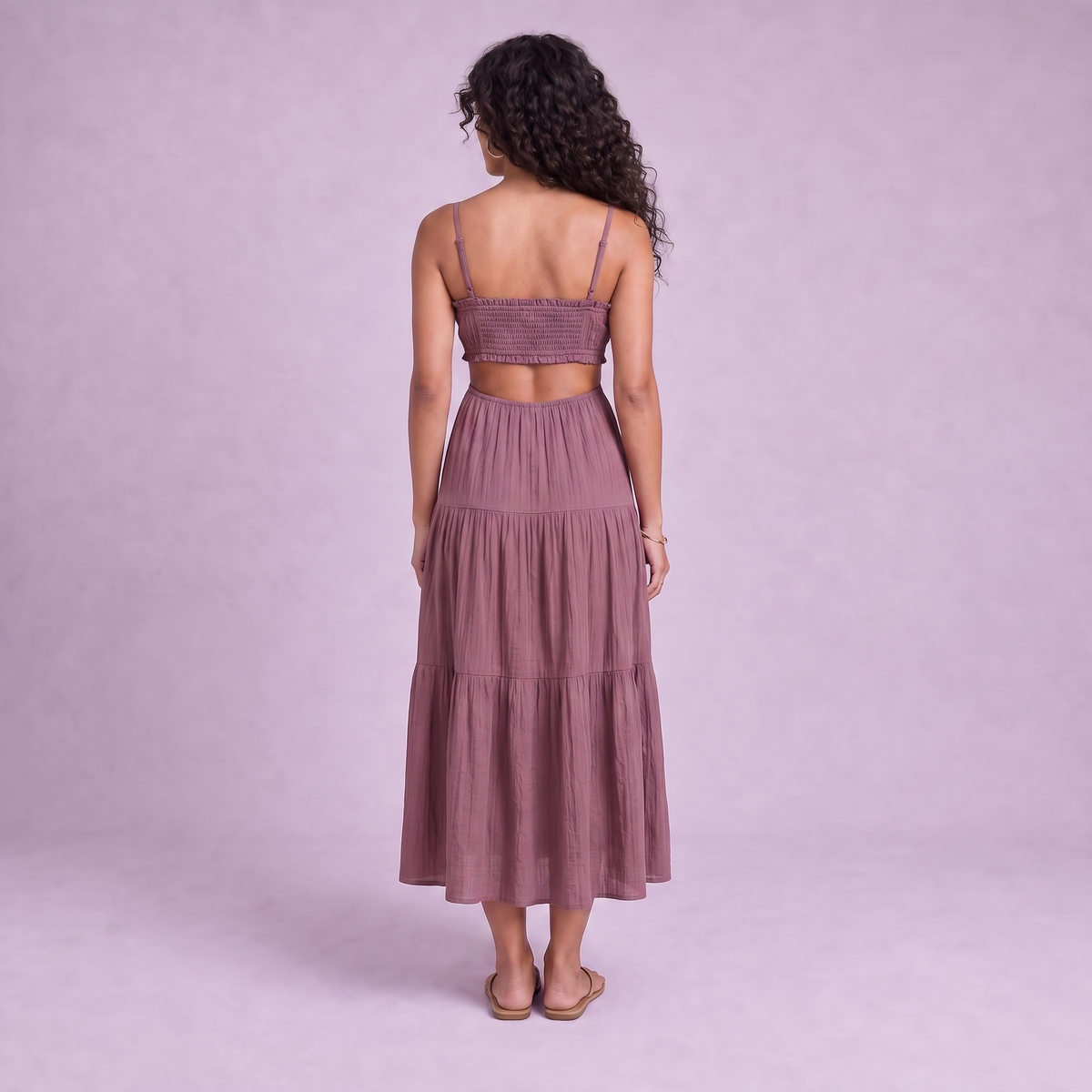 Linen Cut-Out Tiered Maxi Dress in Garnet - OEKO-TEX certified pure linen, back view