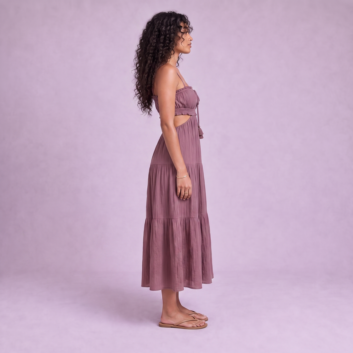 Linen Cut-Out Tiered Maxi Dress in Garnet - OEKO-TEX certified pure linen, side view