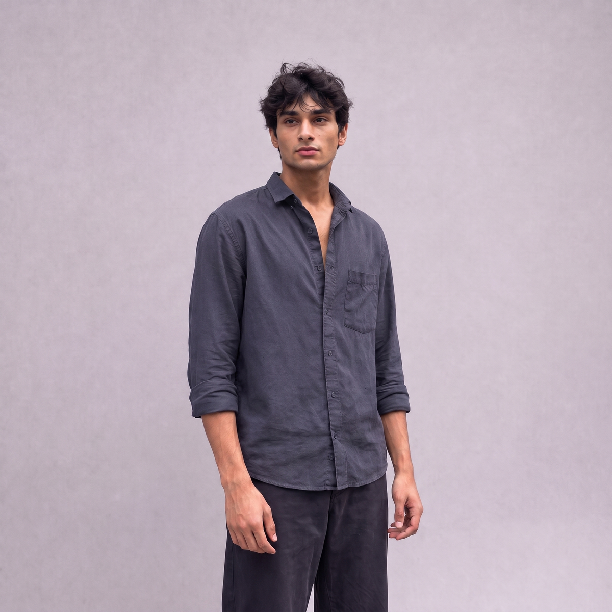 Linen Classic Shirt in Navy Blue - alt front view - OEKO-TEX certified pure linen