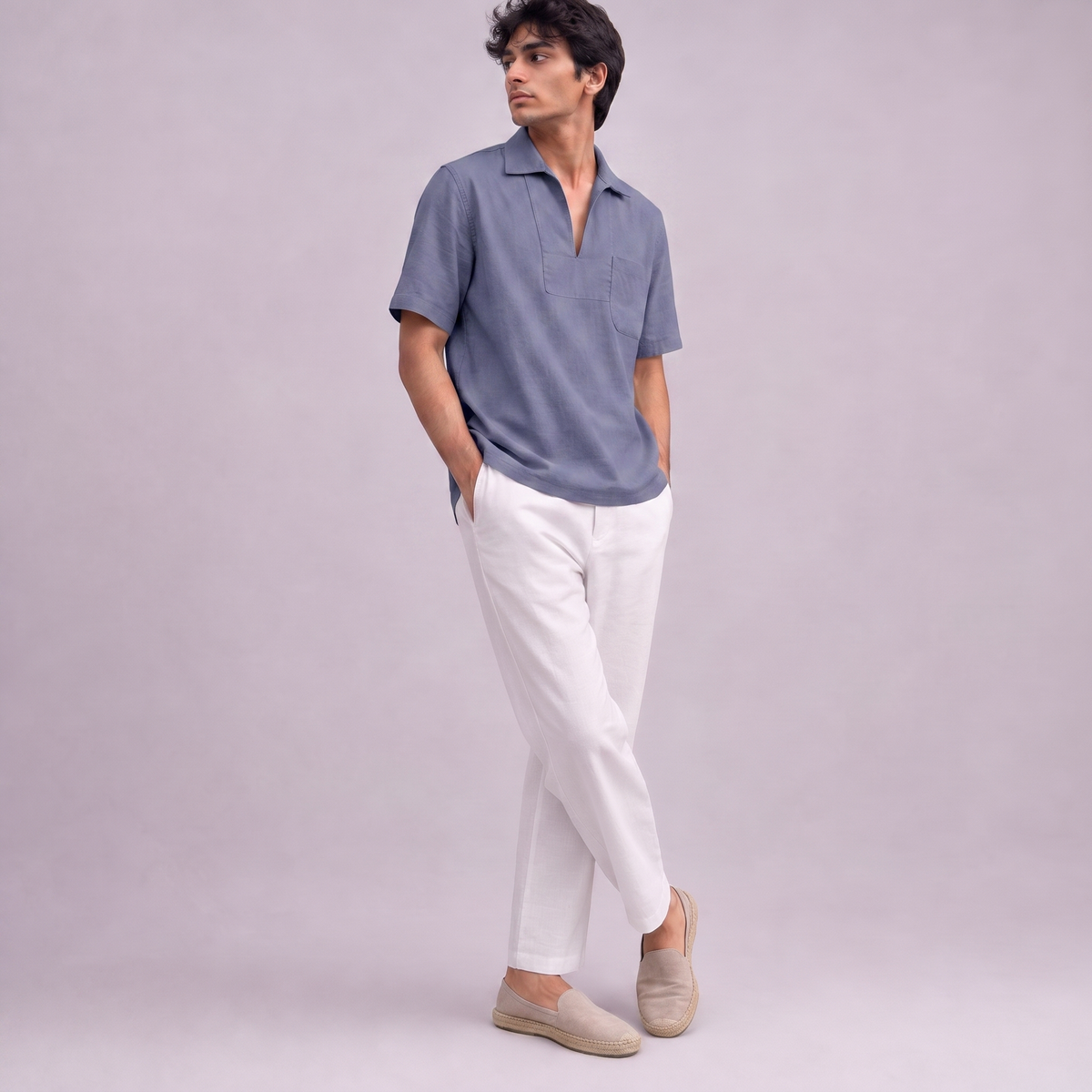 Linen Pullover Shirt in half sleeve in Slate Periwinkle Blue, Ratń Swamini