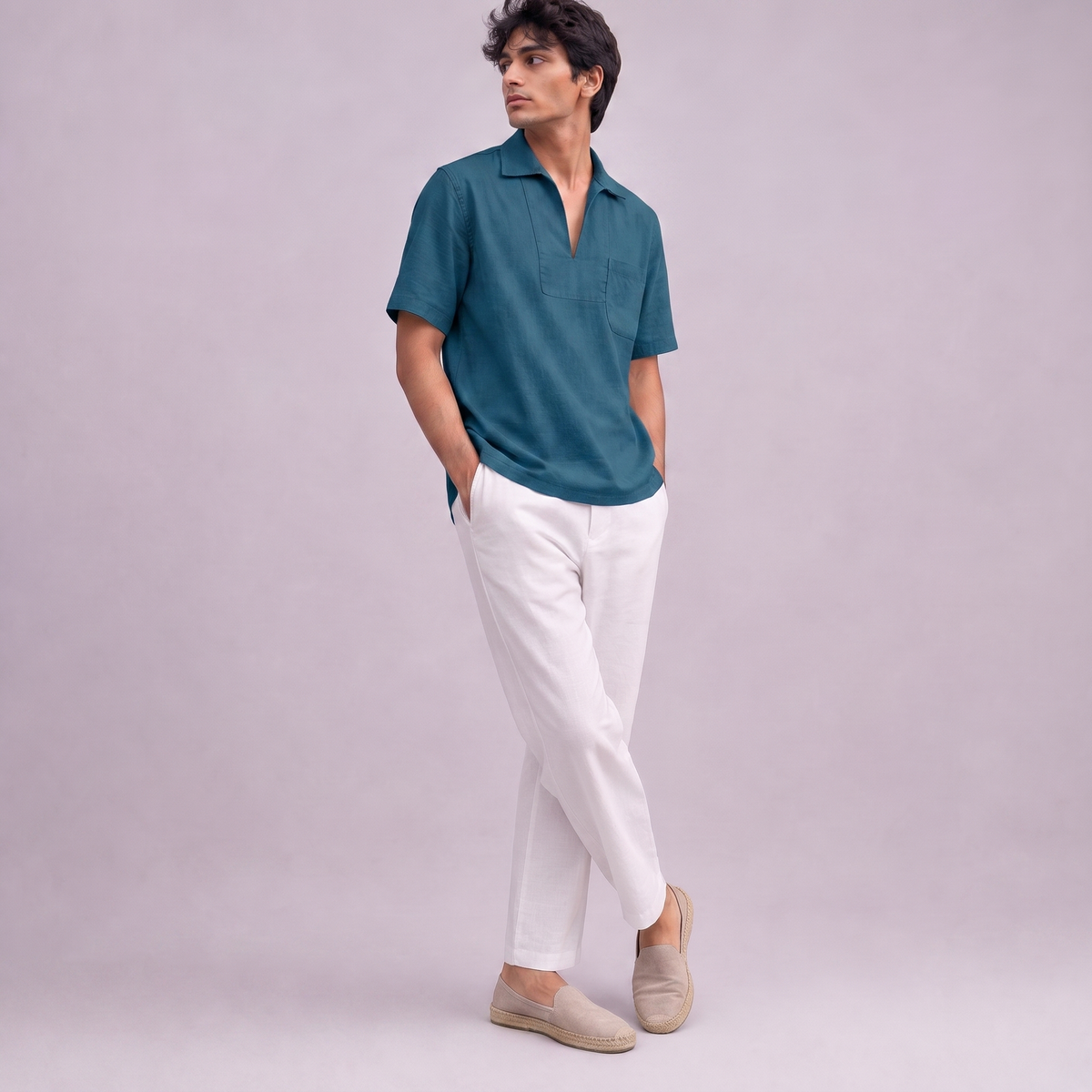 Linen Pullover Shirt in half sleeve in Blue Teal, Ratń Swamini
