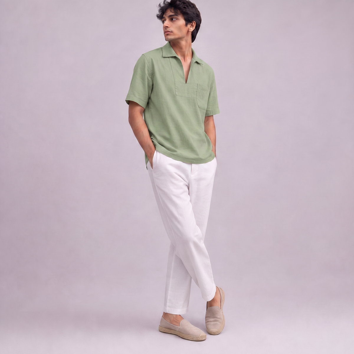 Linen Pullover Shirt in half sleeve in Sage Green, Ratń Swamini