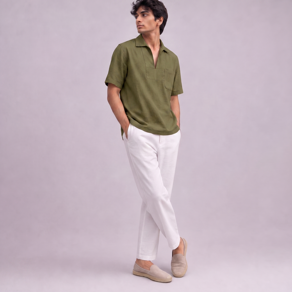 Linen Pullover Shirt in half sleeve in Moss Green, Ratń Swamini