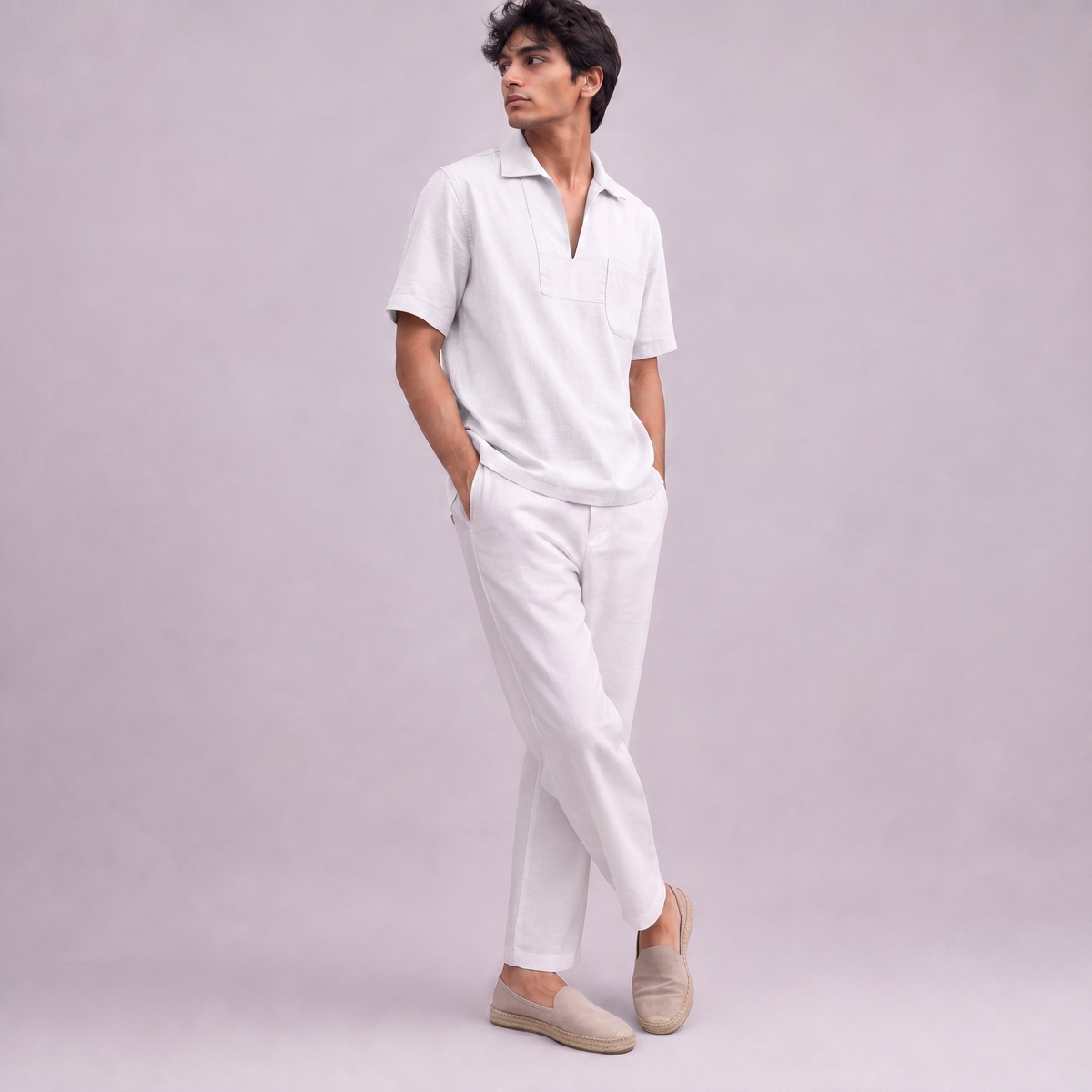 Linen Pullover Shirt in half sleeve in White, Ratń Swamini