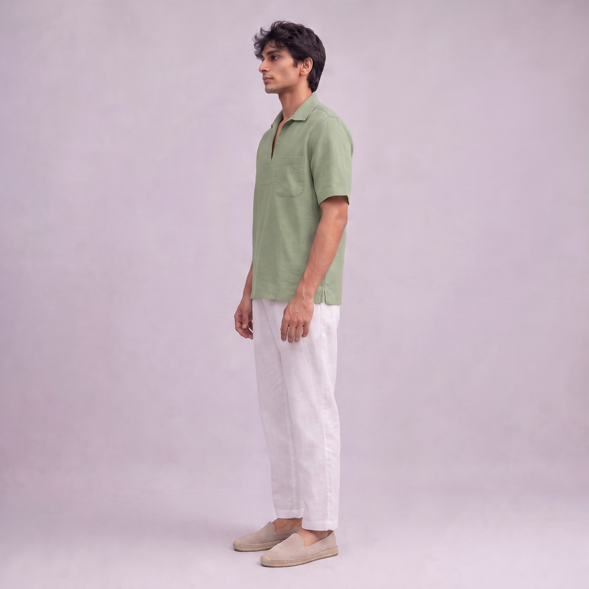 Linen Pullover Shirt in half sleeve in Sage Green - side view, Ratń Swamini