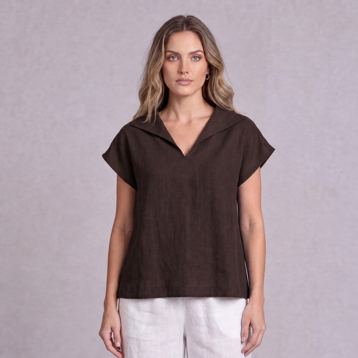 Linen Collared V-Neck Top in Chocolate Brown, Ratń Swamini