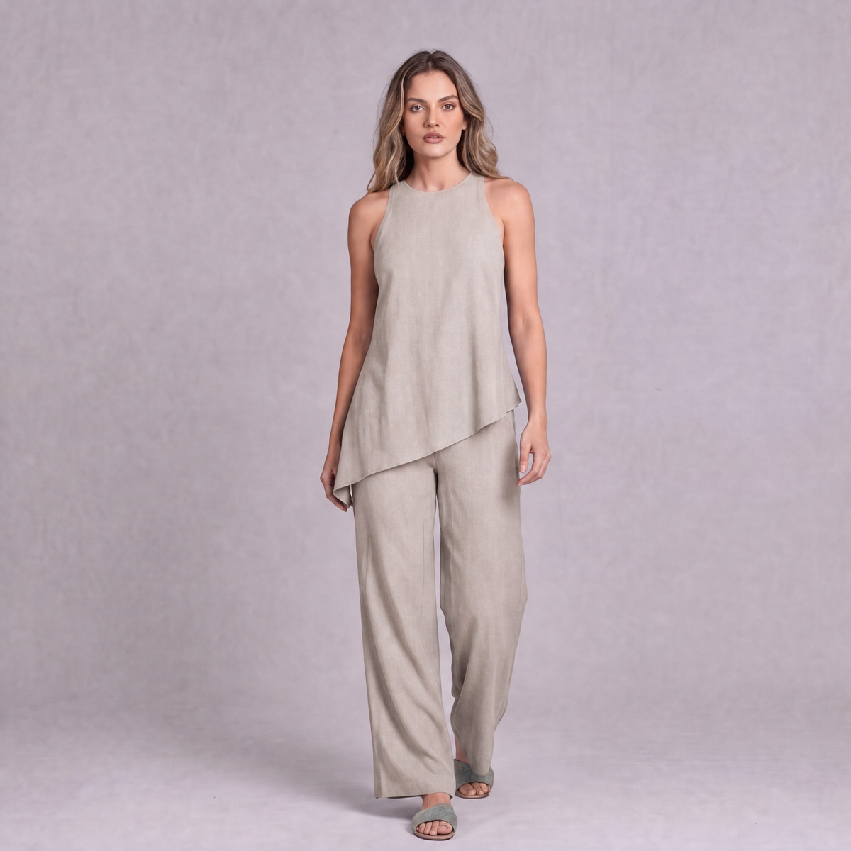 Linen Asymmetric Top & Wide Leg Trouser Co-ord Set in Natural - OEKO-TEX certified pure linen