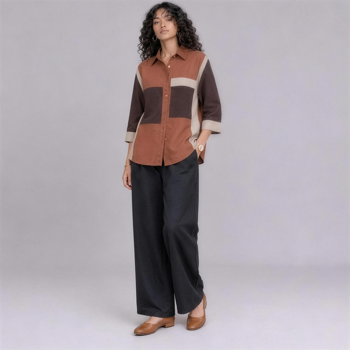 Linen Colour-Block Shirt in Sienna, Ratń Swamini