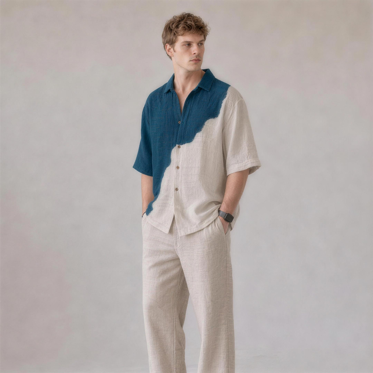 Linen Colorblock Shirt in Horizon, Ratń Swamini