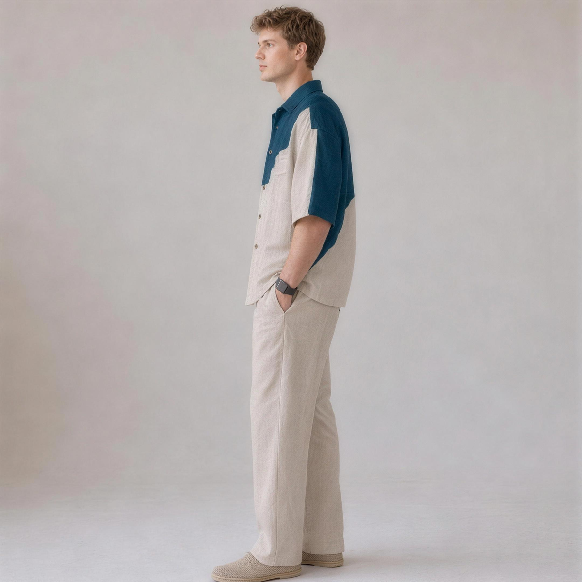 Linen Colorblock Shirt in Horizon, Ratń Swamini, side view