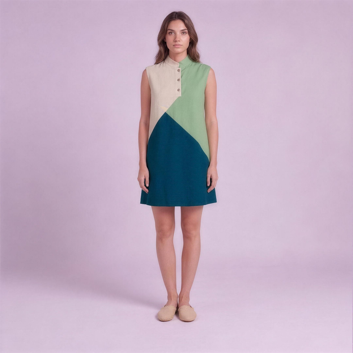 Linen Colour-Block Mini Dress in Estuary, Ratń Swamini