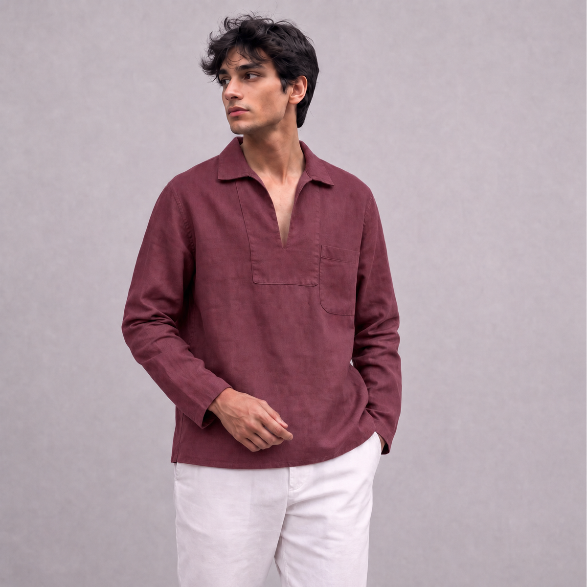 Linen Pullover Shirt in Garnet - OEKO-TEX certified pure linen