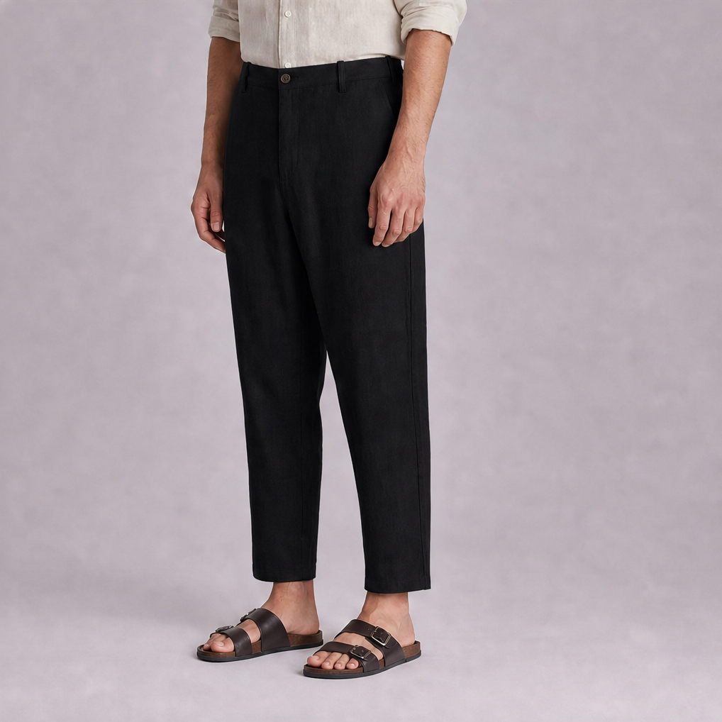 Black linen trouser angle view, Ratń Swamini