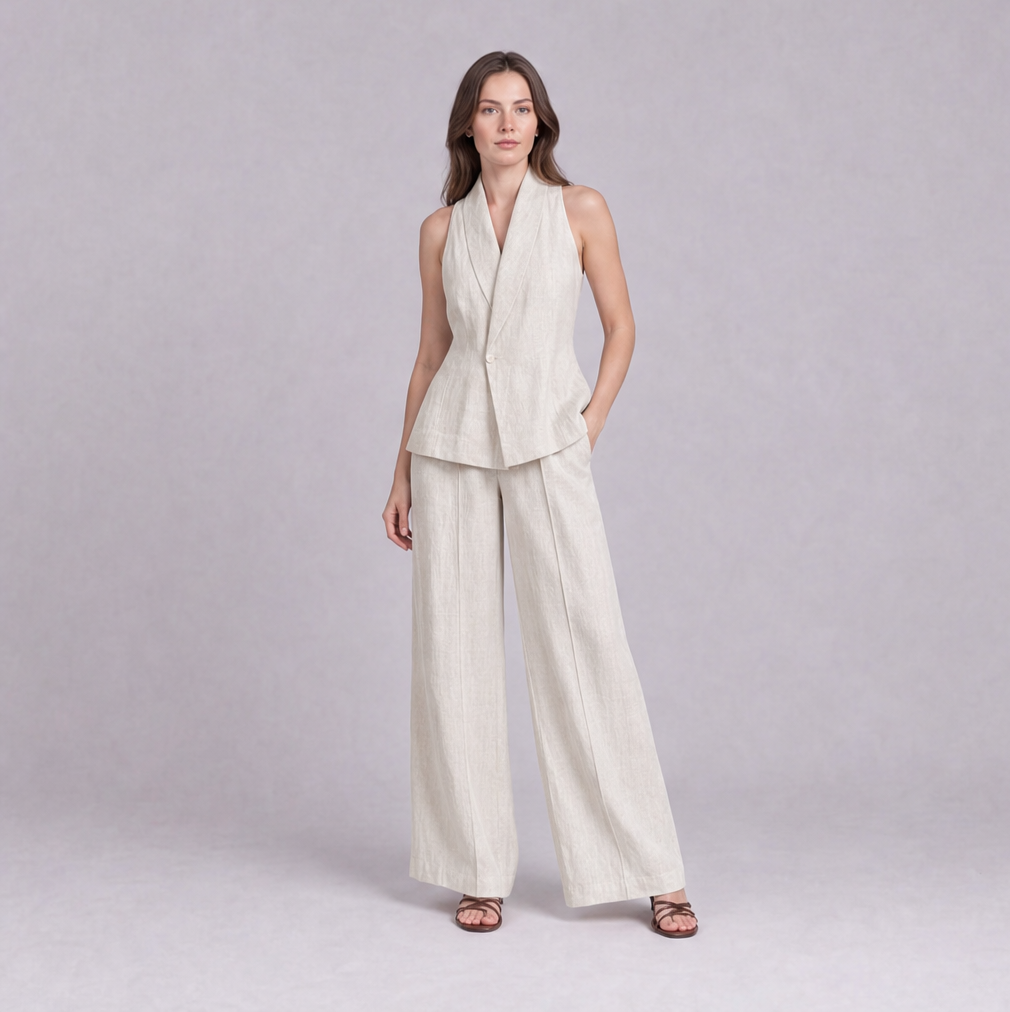 Linen Cotton Blazer Vest & Wide Leg Trouser Co-ord in Beige