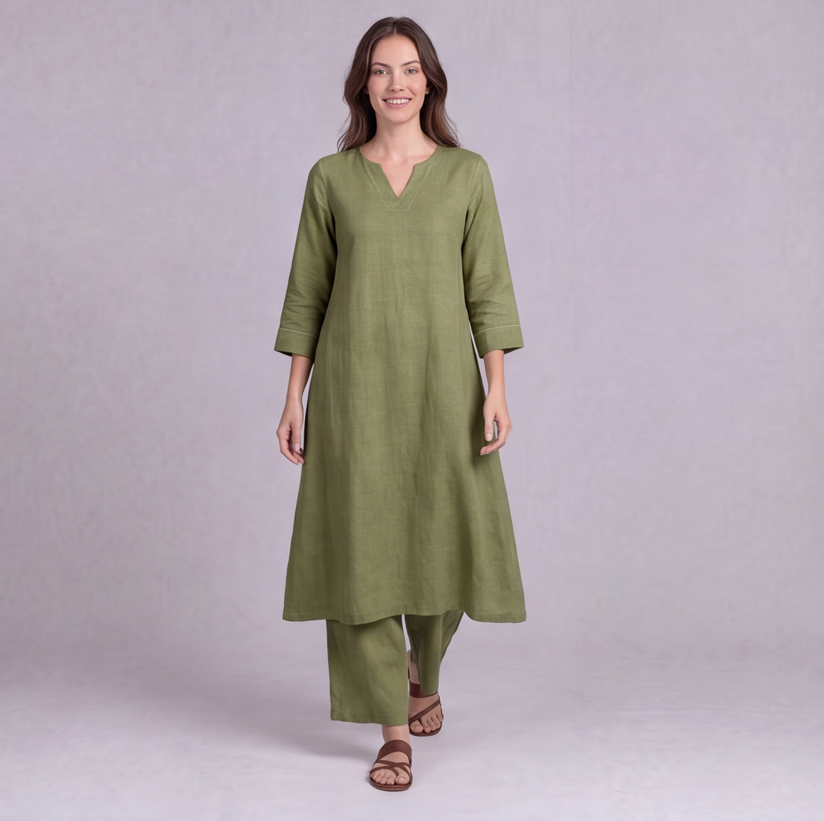 Linen Cotton Kurta & Palazzo Co-ord Set in Light Olive