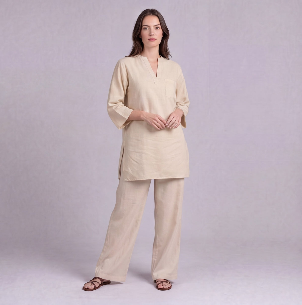 Linen Cotton Tunic & Straight Trouser Co-ord Set in Beige