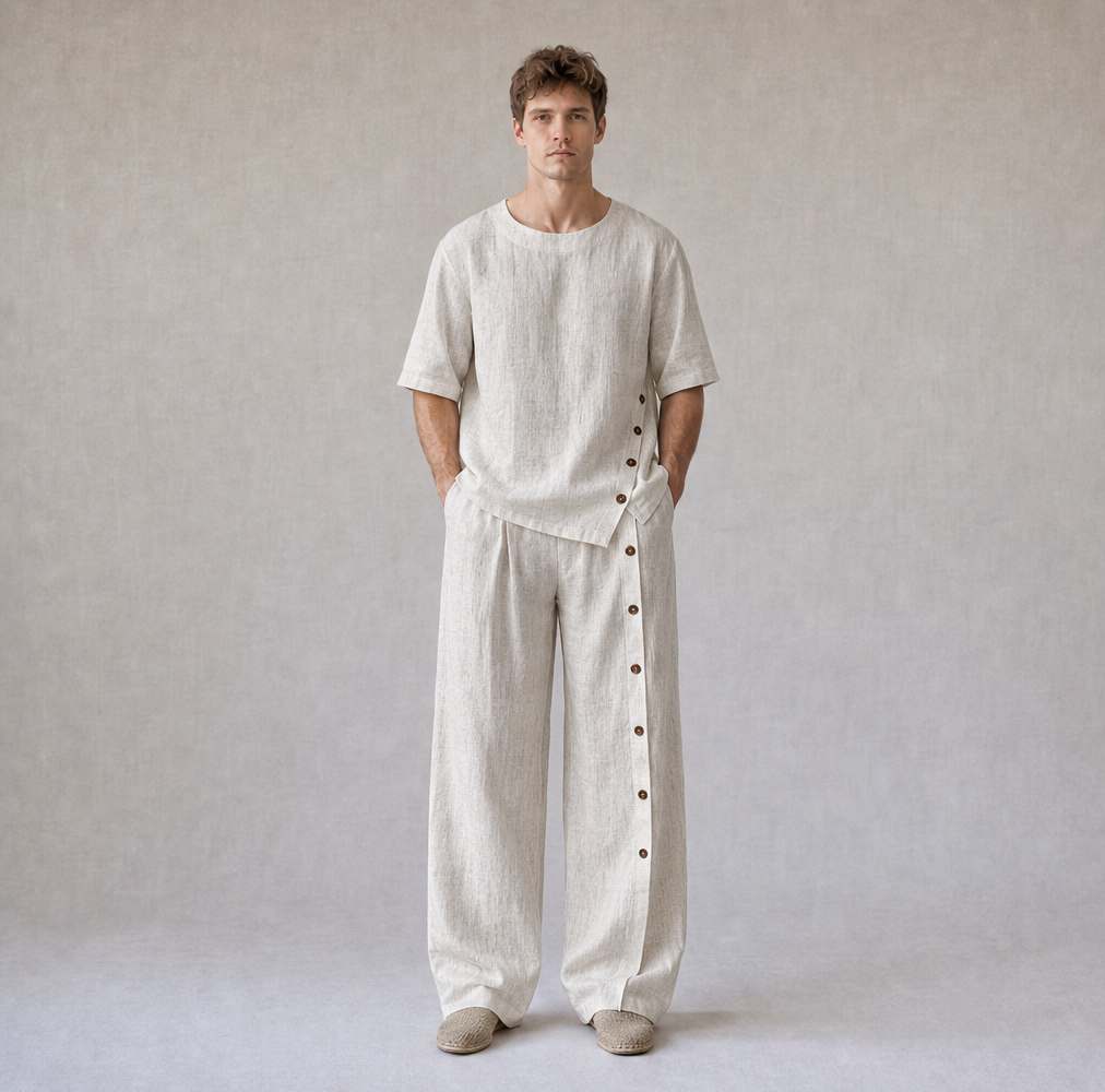 Cotton Linen Crew Neck Oversized T-Shirt with Button Side Trousers — Ratń Swamini · view 4