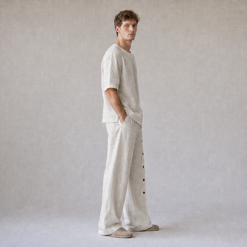 Cotton Linen Crew Neck Oversized T-Shirt with Button Side Trousers — Ratń Swamini · view 3