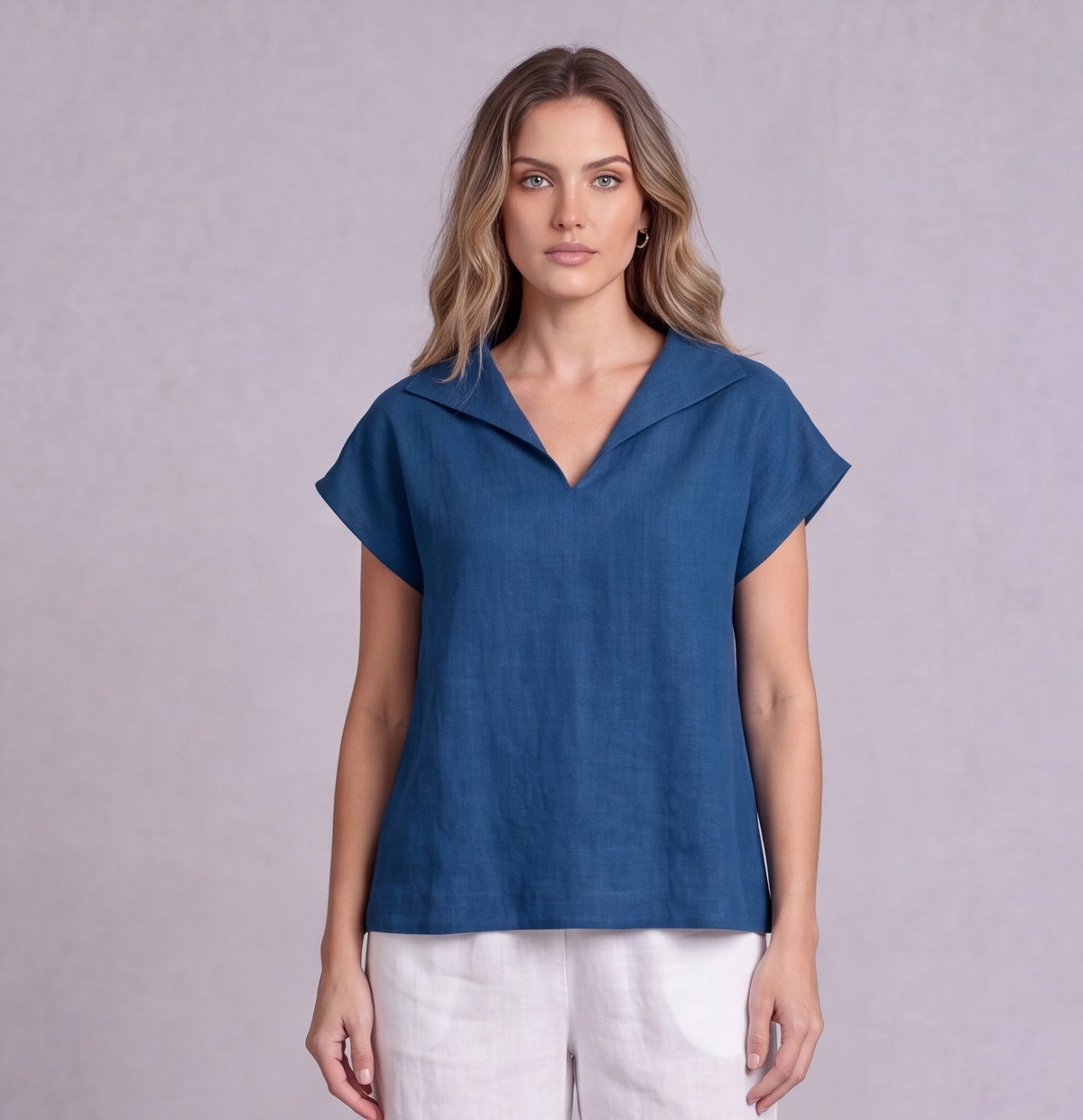 Linen Collared V-Neck Top — Ratń Swamini