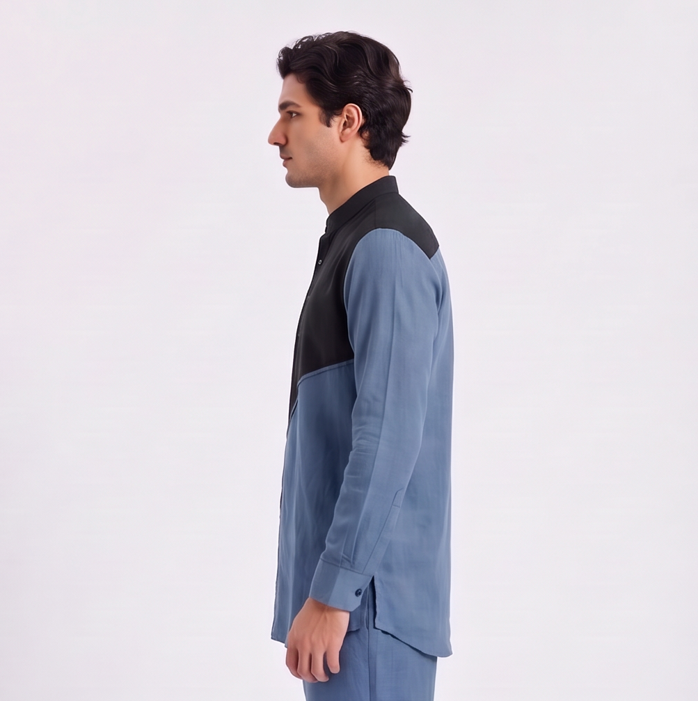 Linen Colour-Block Kurta Shirt — Ratń Swamini · view 3