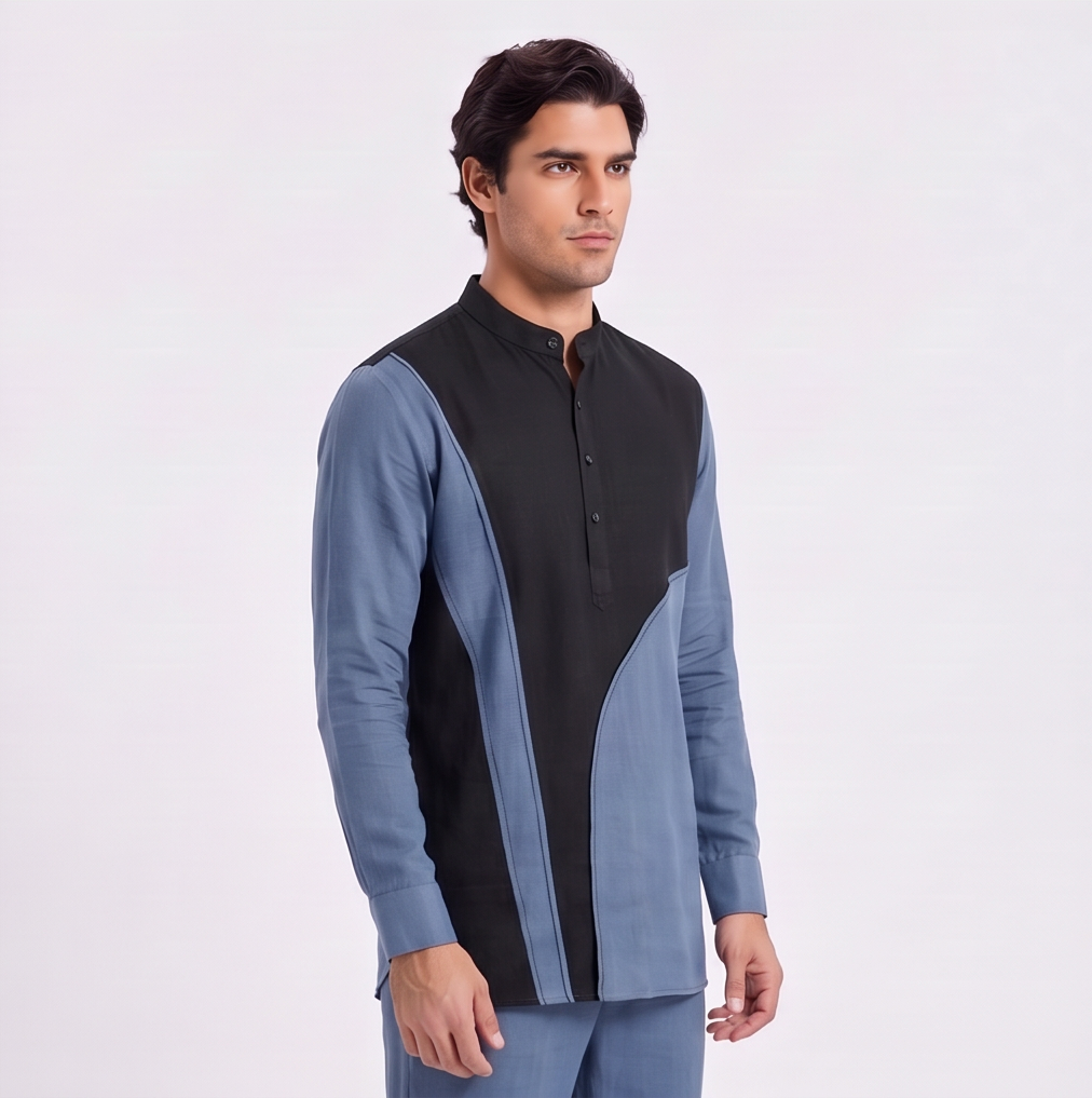 Linen Colour-Block Kurta Shirt — Ratń Swamini · view 2
