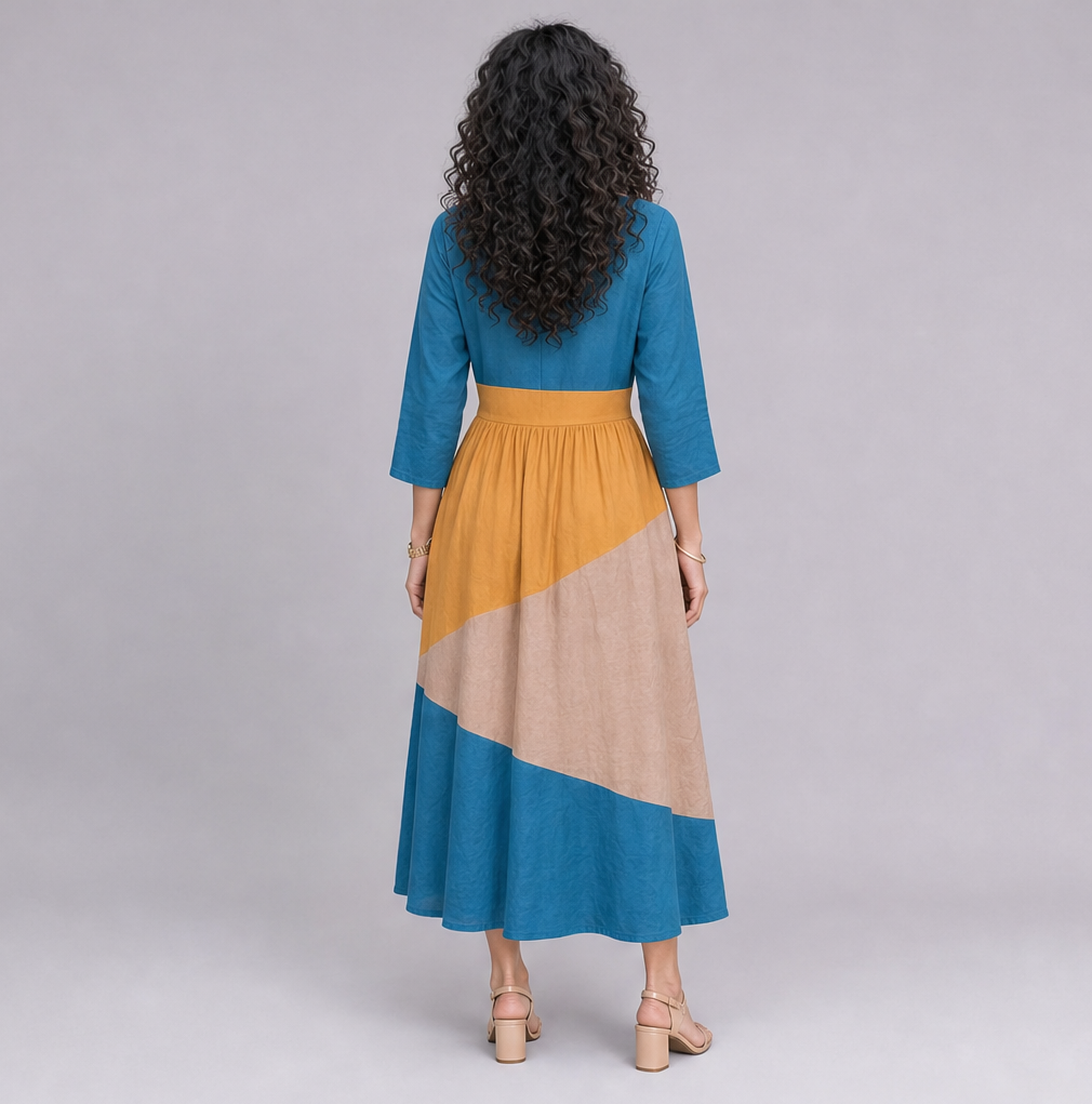 Linen Colour-Block Tiered Midi Dress — Ratń Swamini · view 3