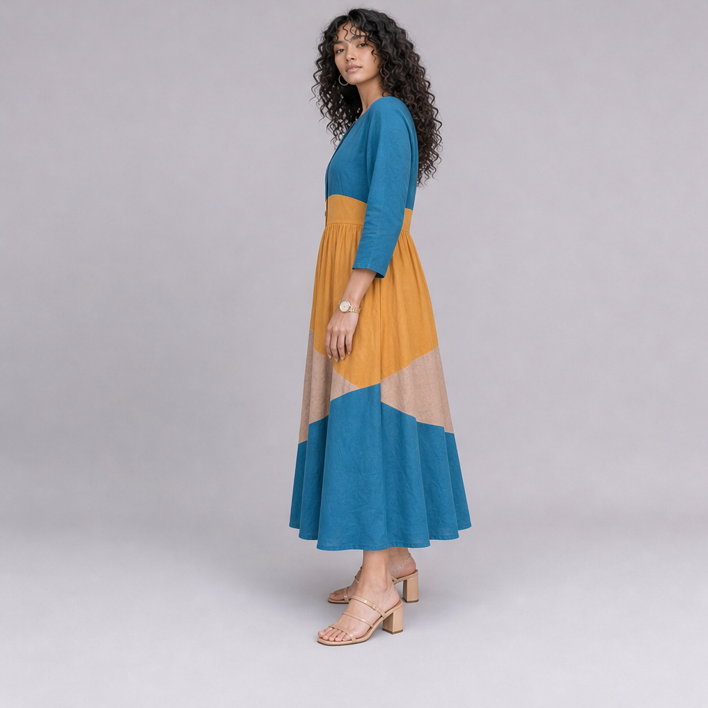 Linen Colour-Block Tiered Midi Dress — Ratń Swamini · view 2
