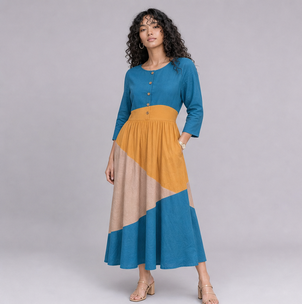 Linen Colour-Block Tiered Midi Dress — Ratń Swamini · view 4