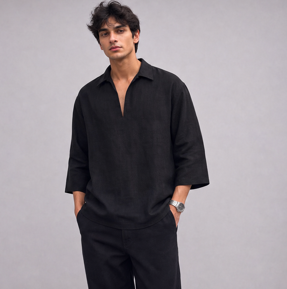Linen Pullover Shirt in Three-Quarter Sleeve — Ratń Swamini · view 3