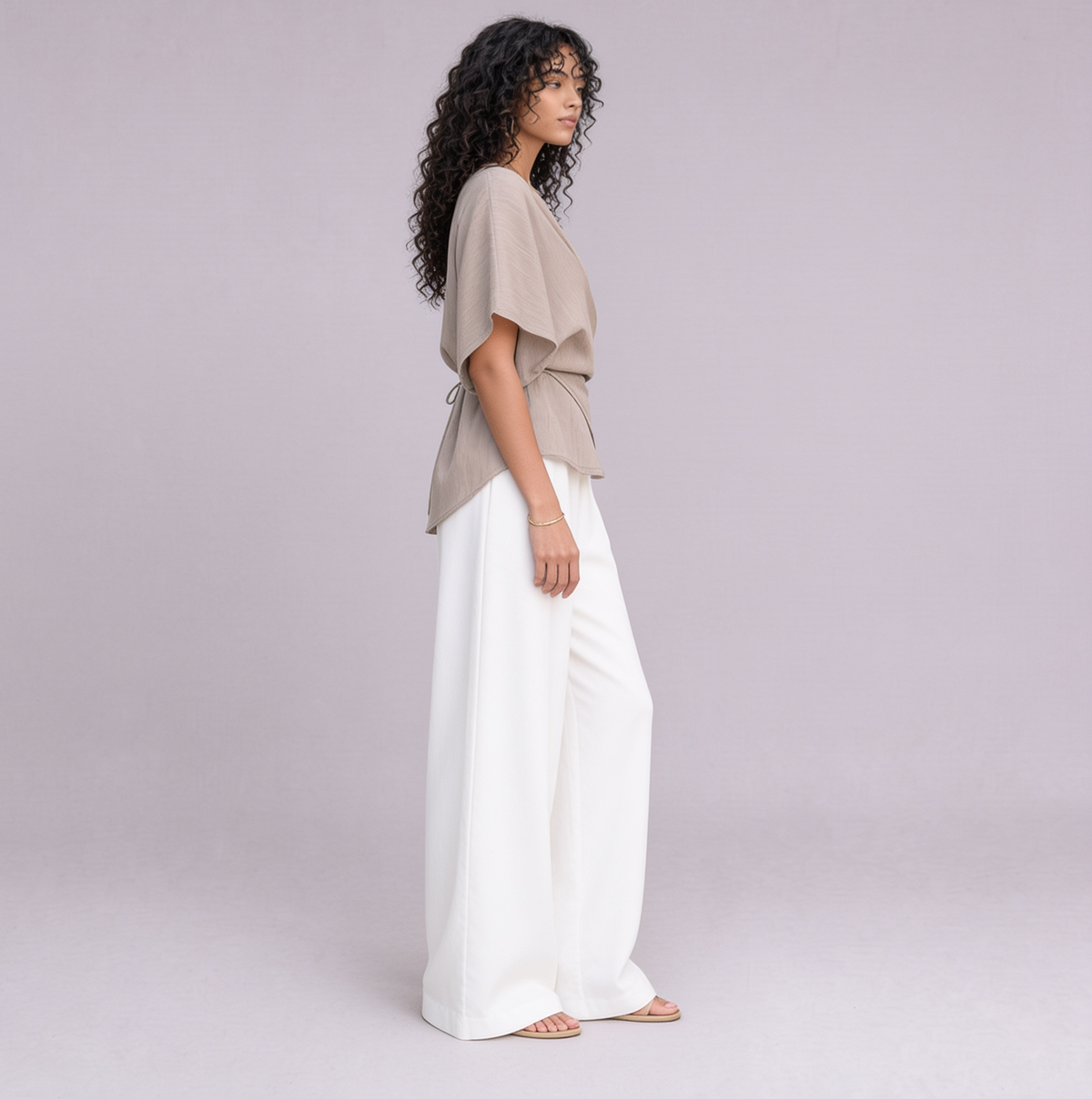 Linen Wrap-Front Top & Wide Leg Trouser Co-ord Set in Natural Oat — Ratń Swamini · view 2