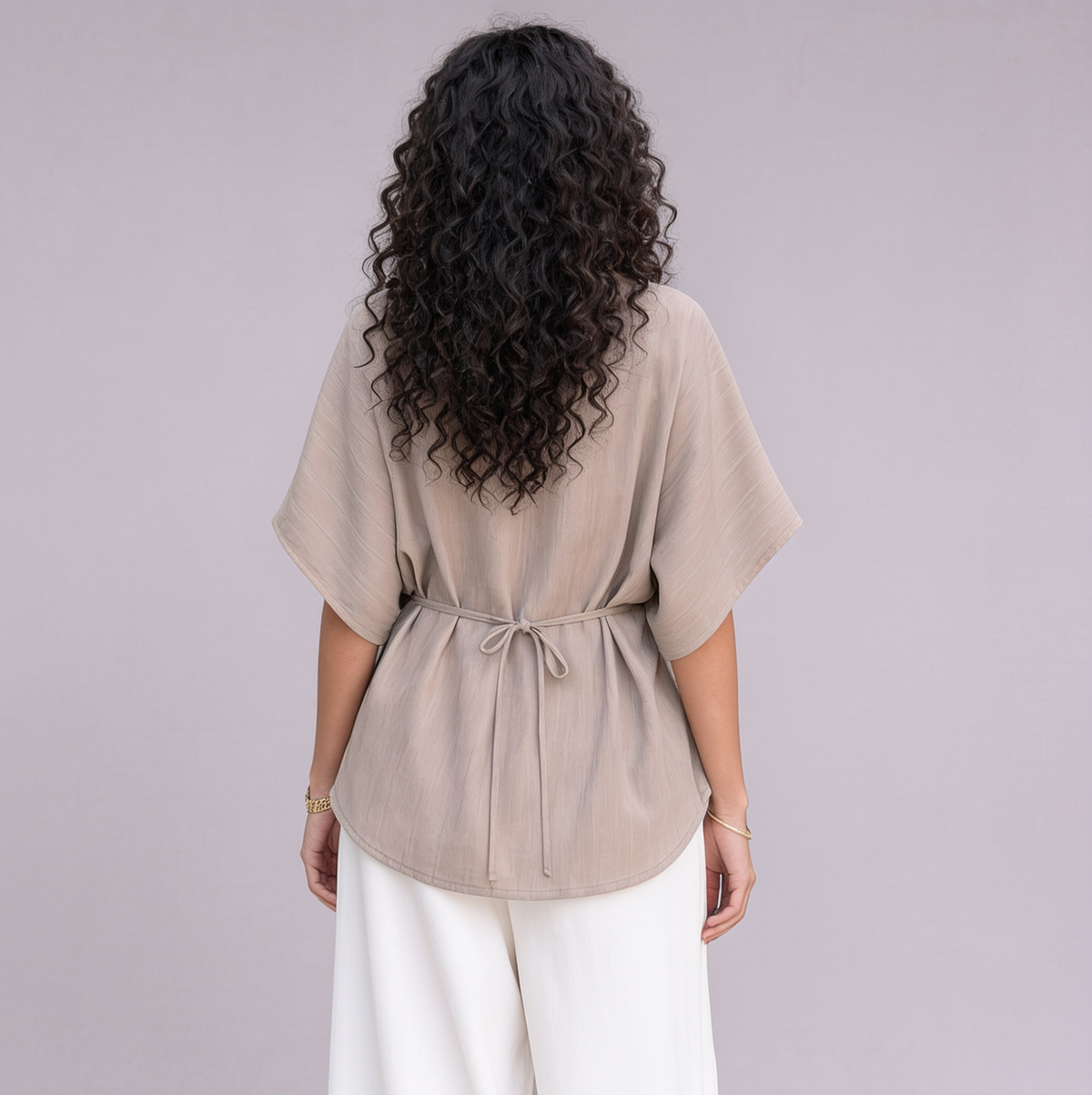 Linen Wrap-Front Top & Wide Leg Trouser Co-ord Set in Natural Oat — Ratń Swamini · view 4