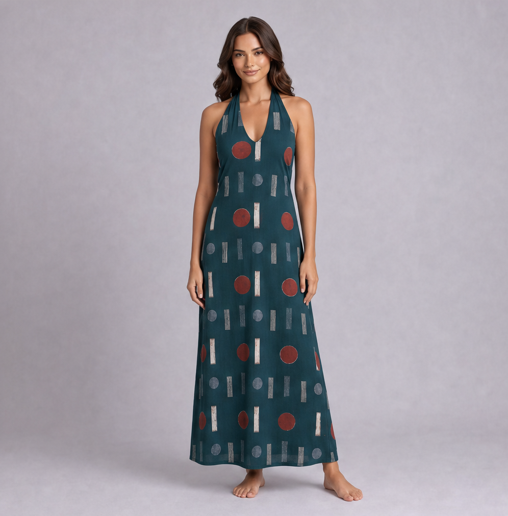 Cotton Discharge Printed Halter Maxi Dress — Ratń Swamini · view 3