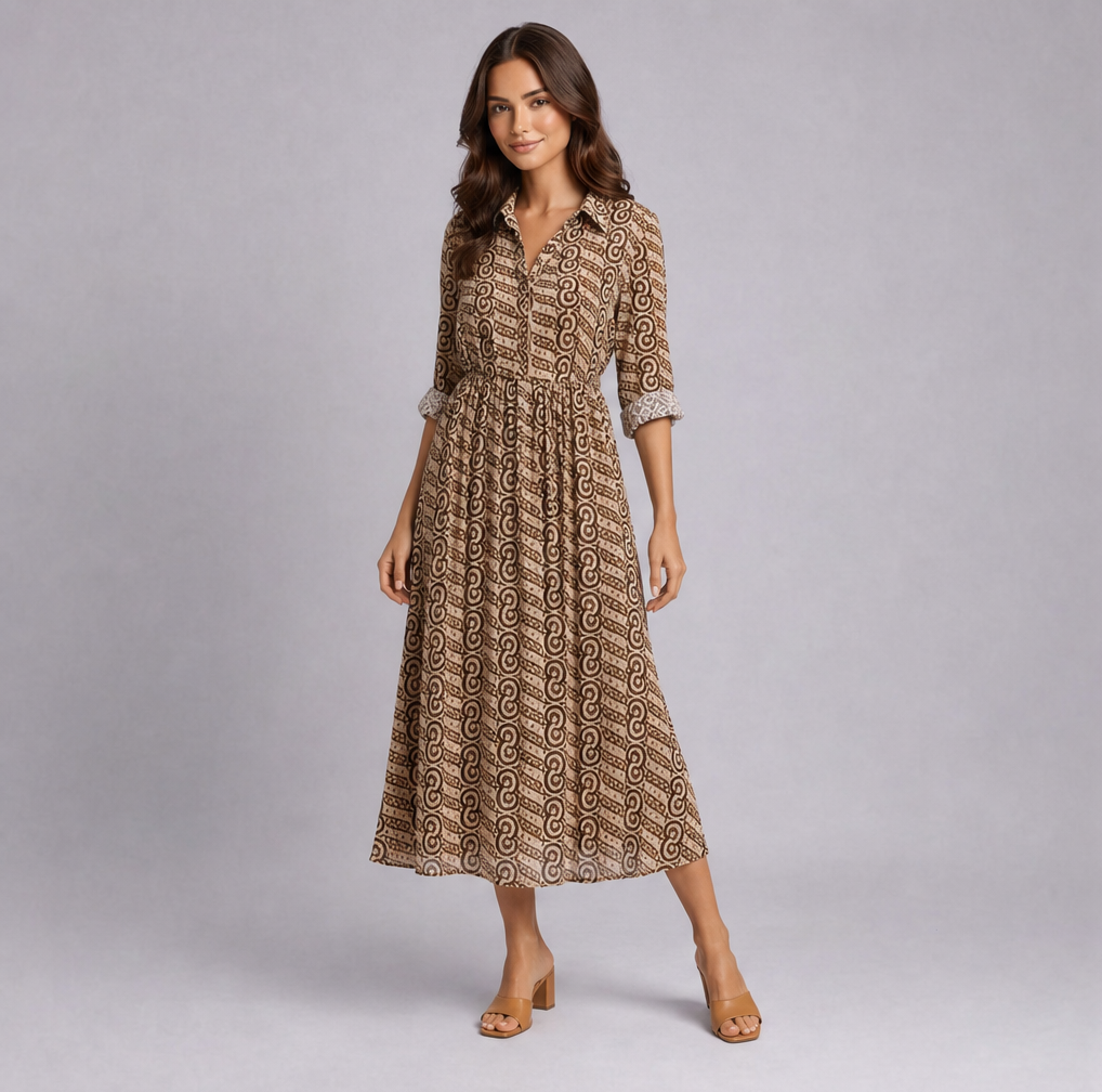 Handblock Printed Midi Shirt Dress — Ratń Swamini · view 2