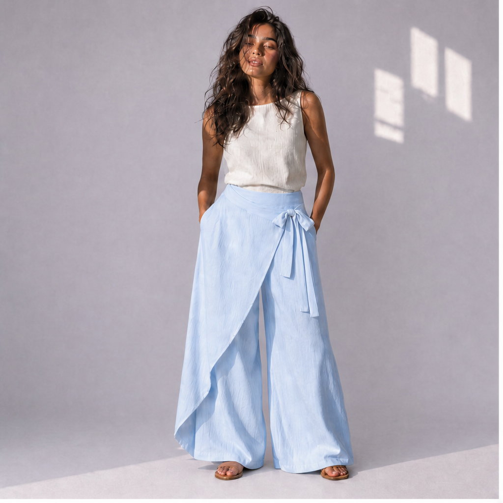 Cotton Linen Wrap-Front Palazzo Trousers, Ratń Swamini