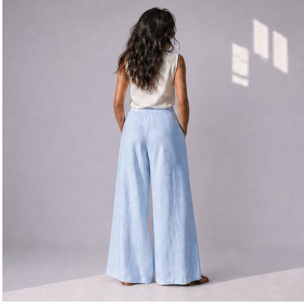 Cotton Linen Wrap-Front Palazzo Trousers, Ratń Swamini · back view