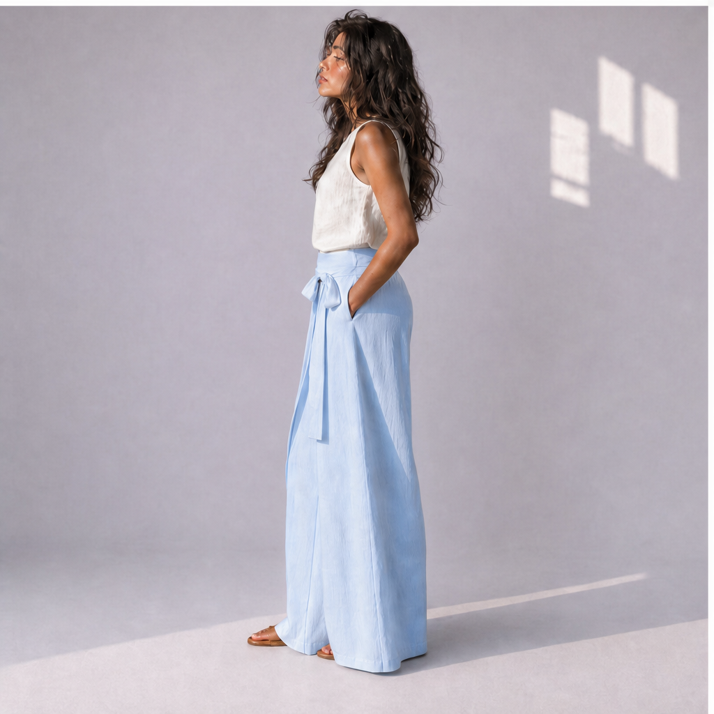 Cotton Linen Wrap-Front Palazzo Trousers, Ratń Swamini · side view