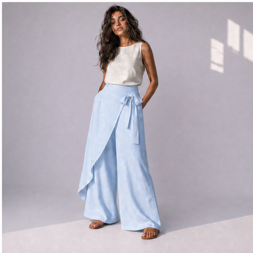 Cotton Linen Wrap-Front Palazzo Trousers, Ratń Swamini · alt front view