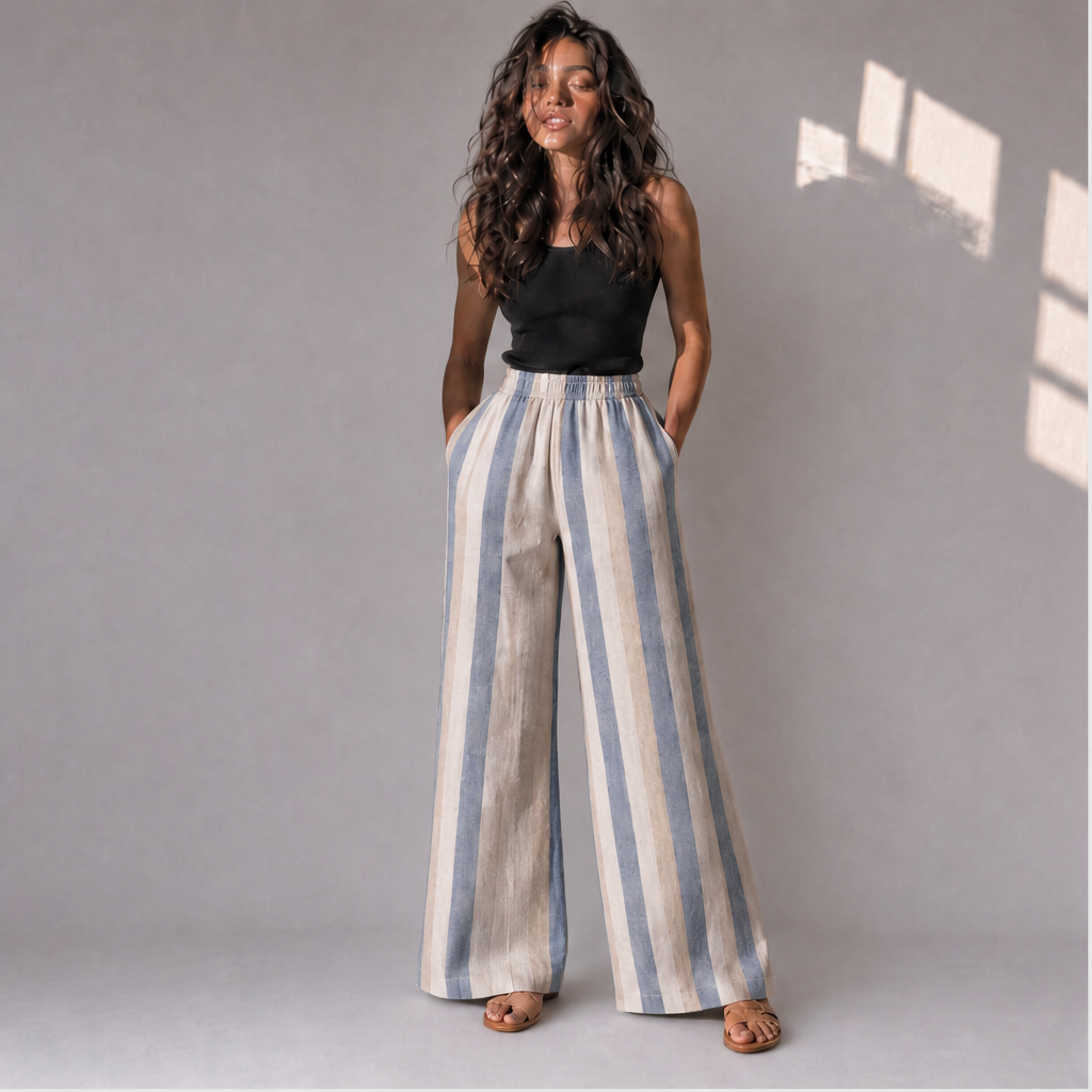 Cotton Linen Wide Stripe Palazzo Trousers, Ratń Swamini