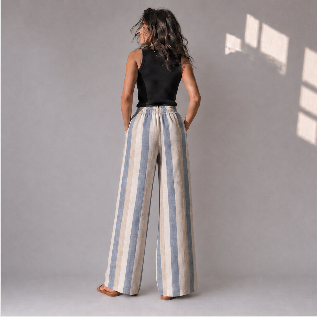 Cotton Linen Wide Stripe Palazzo Trousers, Ratń Swamini · back view