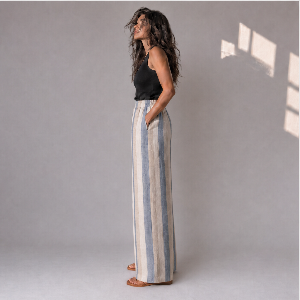 Cotton Linen Wide Stripe Palazzo Trousers, Ratń Swamini · side view