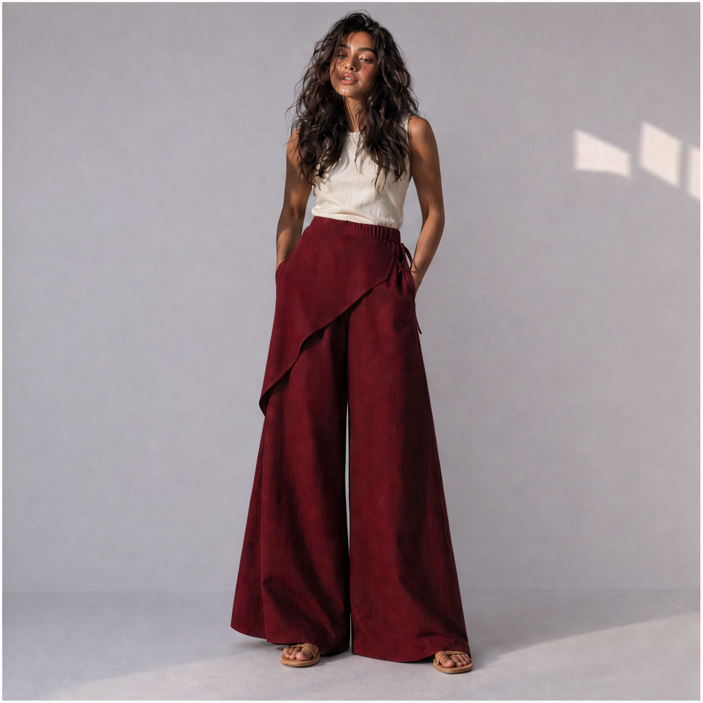 Cotton Linen Wrap-Front Palazzo Trousers in Maroon, Ratń Swamini