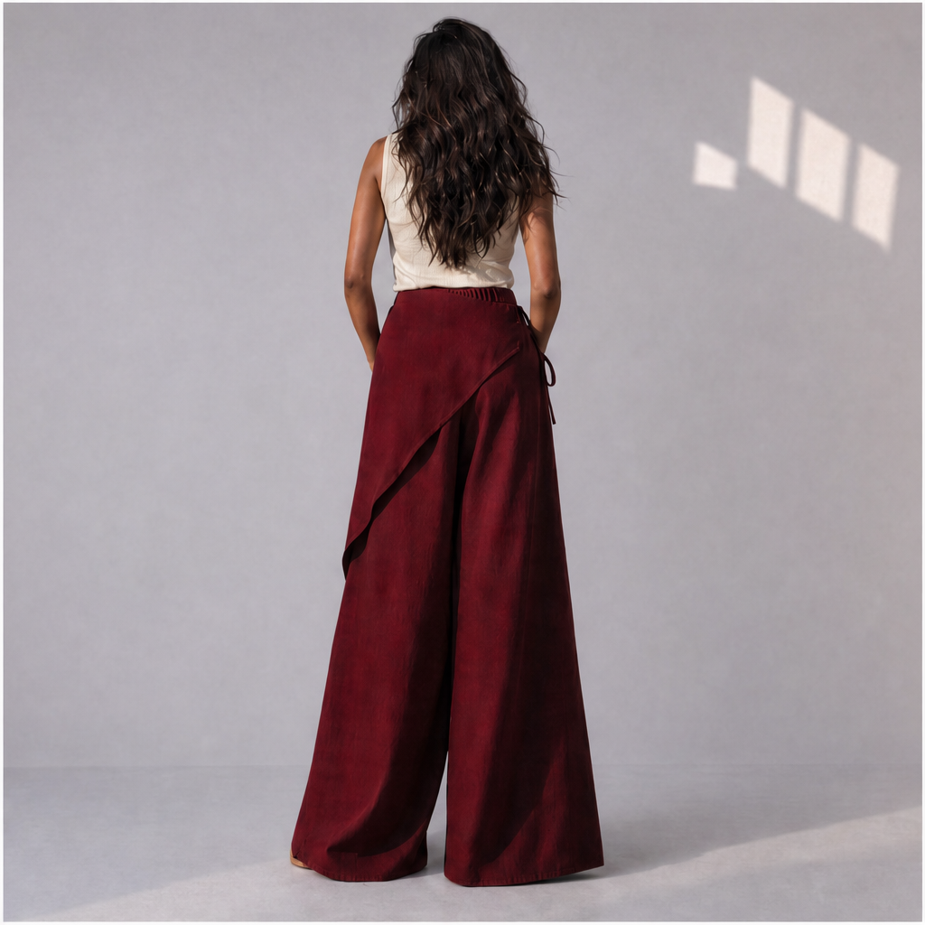 Cotton Linen Wrap-Front Palazzo Trousers in Maroon, Ratń Swamini · back view